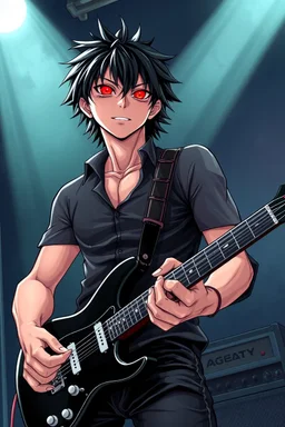 1man, 30 years old, playing electric guitar, at a midnight concert, manly facial features, red creepy alien bug eyes, black hair, athletic build, correct hands, in the style of manga "Rosario+Vampire"