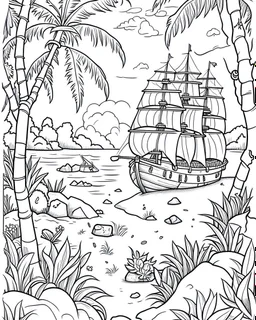 Shipwrecked on a Deserted Island: Design a coloring page portraying a shipwreck on a deserted island, inviting artists to showcase the wreckage, survivors, and potential discoveries.