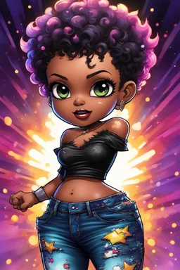 vibrant psychedelic comic book image, airbrush, 48k, cartoon art of a chibi curvy black female wearing torn jeans pants and a black tie dye off the shoulder blouse. Prominent make up with lush lashes. Highly detailed short pixie cut