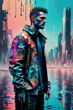 an impasto and tint line photo of a sad (cyberpunk:1.7) tall man standing in front of a city made of water, ink leak, bronze - skinned, (front view:1.6), geometric curves, featured art, philosophical splashes of colors, art brought to life, soul shock, moderate glitch patterns, smart jacket