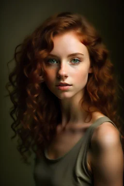 portarit of a young dark red wavy hair girl, green grey eyes, wearing a beige tube top, light beige top