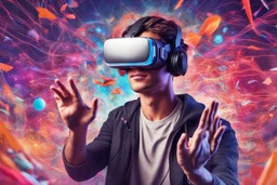 A young man wearing virtual reality glasses immersed in a vibrant 3D world, displaying a mix of awe and excitement on his face. Wires flow from the glasses, highlighting intricate technological details. Abstract shapes and images float in the background, creating a unique and immersive VR experience. 'The Future of Virtual Reality' logo appears in the bottom right corner, adding a touch of futuristic innovation.
