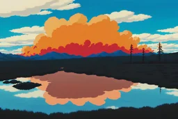 A stunning landscape shot of the fire-ravaged Alberta wilderness, flames consuming the once lush greenery, painting the sky a merciless orange. A small silhouette of Yui can be seen standing at the edge, respirator on, as she stares into the inferno.