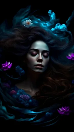 A portrait of a woman floating in a dark void, eyes closed painterly style, masterpiece dark colors with bioluminescent highlights. Floating wavy hair, Elegant botany and flowers. Smoke fractals, hauntingly beautiful
