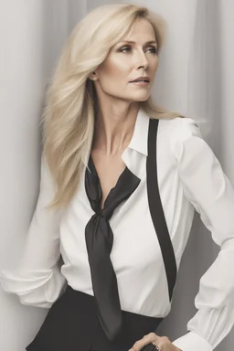 A powerful woman in a white blouse, in her 40s