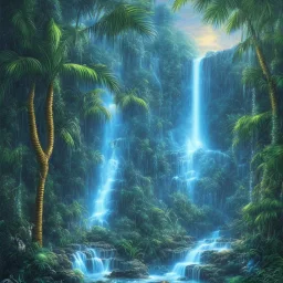 turquoise neon waterfall with palm trees sparkling at night in a cave detailed realistic glowing