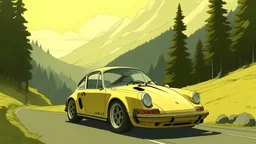 a porche 911, faded yellow paint, driving on a mountain road, Ghibli style anime