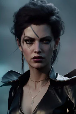 sophia lorenevil queen in black leather, angry, stern look, volumetric lighting, particales,highly detailed,cinematic, deep colours,8