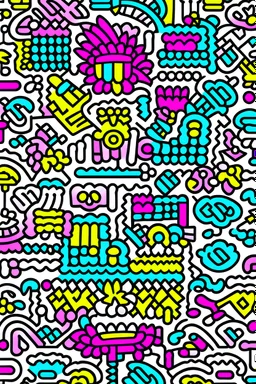 A vector line art image in the style of Keith Haring, with dozens of tiny abstract icons, using a single line weight. The color palette should heavily feature the colors cyan, magenta, yellow, and black, with a white background. The image should be low contrast with excessive white space.