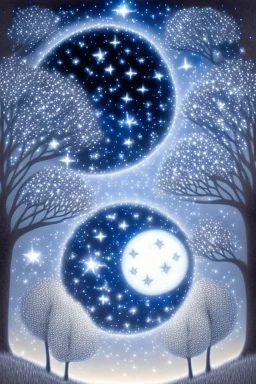 a background of softly blended blues, greys, silvers, and whites with distant, twinkling stars in the sky, an a circle moon casting a soft glow of light on a foreground of a field of various flowers surrounding a tree of life