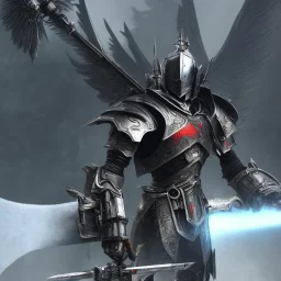 Human male Winged Warrior Knight in black metal mech armor wielding two swords ready to fight, symetrical, centered, rage, sorrow, high definition, ultra 8K, volumetric lighting, blue fire, fog, extremely detailed, hyper realistic