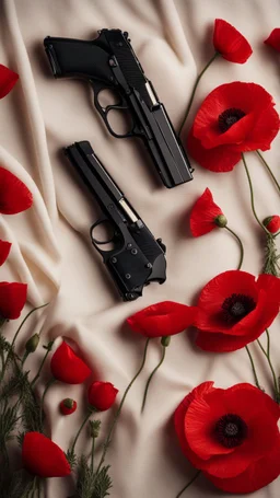 Two gold pistols and a red notebook on a white scarf. A field of red poppies. Close-up from above.cinematic.dark mood