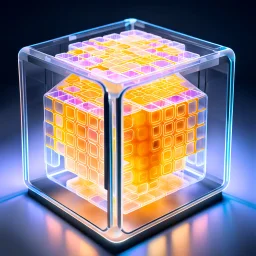 a futuristic translucent neurocube, inside the cube there are partitions made of honeycomb plates