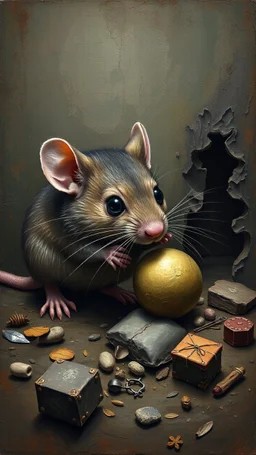Bosch painting style, 3D mouse a trapper a mouse is sniffing around it