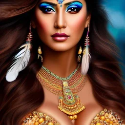 Ultra detailed fullbody Portrait in oil on canvas of beautiful busty female Apache with feathers,extremely detailed digital painting,ultrarealistic skin,intense stare, extremely detailed face, crystal clear eyes, mystical colors ,perfectly centered image, perfect composition, rim light, beautiful lighting,masterpiece ,8k, stunning scene, raytracing, anatomically correct, in the style of Simon Bisley and uncannyknack and Ohrai Noriyoshi and robert e howard and Steve Jung.