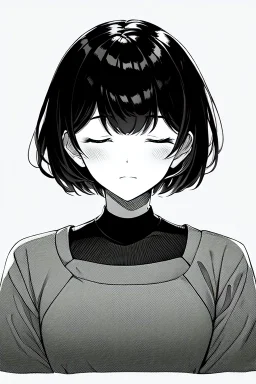 short hair girl, closed eyes, close-up, greyscale