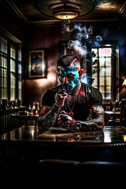 scary tattooist in high end parlor, smoke, mist, lightrays, depth of field, photography