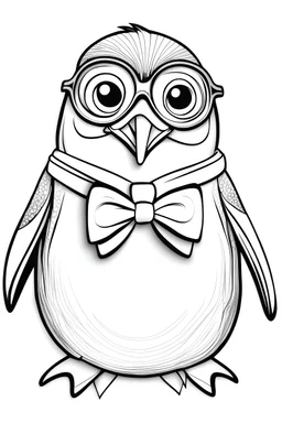 coloring page,A penguin with a bow tie. cartoon style,thick line,low detail, simple, white background,stress relief style art