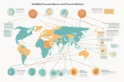 An infographic showing the interconnectedness of global financial markets, including stock exchanges, commodity markets, and bond markets. flat. without text