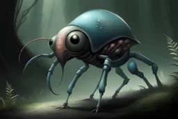 An alien gentle animal, a cross between an Caterpillar, an ant-eater, and a squid, with two tails and six legs, walks forward.