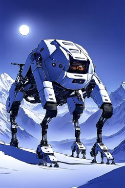 a sleek mechanical walker with eight legs scaling a very steep snow covered side of mout everest at night, it has a smooth surface, it has storage pods on its belly and humans can fit in the pods