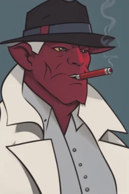 A red demon wearing a police outfit smoking a cigerate.