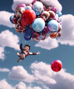 Ultra realistic speed clouds sky scene, wide angle view, strong men falling down with many Childs background, circus clothing style, feather color clothing, free jumping flying, many trinkets, hair monster, many jelly beans, balls, color smoke, smile, happy, extreme, wind, clouds sea, 20,000 feet altitude, stratosphere, soft color, highly detailed, unreal engine 5, ray tracing, RTX, lumen lighting, ultra detail, volumetric lighting, 3d, finely drawn, high definition, high resolution.