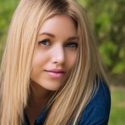 Woman with blond straight hair and brown eyes