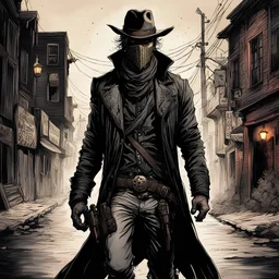 highly detailed concept illustration of an alternate reality Wild West male anti hero wanderer in dark street , maximalist, highest resolution, in the styles of Alex Pardee, Denis Forkas , and Masahiro Ito, boldly inked, 8k, coarse, gritty textures