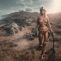 Ultra Realistic retro sci-fi movie scene, waist up view portrait, blonde woman pointing a gun, sweet young Claudia Schiffer face, perfect iris, glow eyes, makeup, weapon. Soldiers next to background, Retro sci-fi style, helmet, tight latex coat, fog, rain, soft color, highly detailed, unreal engine 5, ray tracing, RTX, lumen lighting, ultra detail, volumetric lighting, 3d, finely drawn, high definition, high resolution.