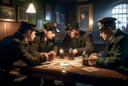 Smoky pub, cheerful young men drinking around a table, a policeman looking thoughtfully at the ID card of one of the boys, lamplight