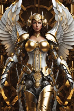 Full body Lady Angel cyborg straddle wings, using traditional armor,detailed, intricate,gears cogs cables wires circuits, gold silver chrome copper,abstract background