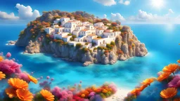 Breathtaking Greek island scenery landscape, crystal azure waters, sunny sky, colorful flowers, highly detailed, hyper elaborated, cinematic, 16k,