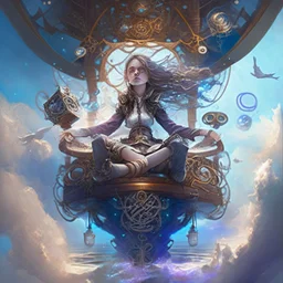 1girl, ((Cinematic)) ((photorealistic portrait)) of a skilled spellcaster sitting on a throne-like seat, surrounded by pulsating arcane symbols and intricate controls, ((on the deck)) of a majestic ((((flying)))) ((Spelljammer)) ((sailing ship floating on misty clouds in the sky)), navigating through a dreamlike realm of levitating islands and otherworldly landscapes. Positioned on the ship's deck, radiant colors, magical energy flowing from the spellcaster's hands, fueling the ship's flight.