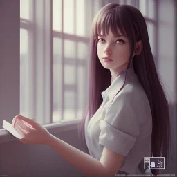 Anime, female student studying by the window,perfect face, cool face, ultra detail, unreal engine 5, cinema4d, sun light, studio lighting --ar 1:1 --v 4