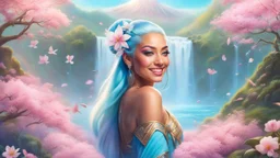 Photo realistic portrait of a gorgeous smiling skinny polynesian goddess with a golden dark shining skin, long smooth clear turquoise blue and pink white hair, blue eyes, in a sci-fi outfit with luminous strikes blowing a kiss in a hill of flowers with sakura trees, a waterfall, a crystal palace, loads of mini flowers, moss, sun rays through the branches, particles in the air at spring. Intricated details,