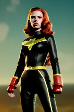 retro portrait image from 1960, sky background, wind, long red hair, fighting stance, sweet young Scarlett Johansson, black dress, classic long tight lycra black suit, gold bracelet and belt, high heel boots, superhero style, soft color, highly detailed, unreal engine 5, ray tracing, RTX, lumen lighting, ultra detail, volumetric lighting, 3d, finely drawn, high definition, high resolution.