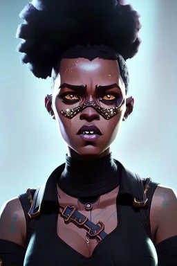 portrait,beautiful black woman, large afro puffs style, post-apocalyptic in a cyberpunk city, realistic, intriacte detail, sci-fi fantasy style, volumetric lighting, particales,highly detailed,cinamatic, deep colours,8k