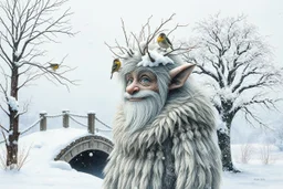 Double exposure: a kind snow troll, hair made of dry branches covered in snow, tits perched on the hair-branches, a sheepskin coat woven from dry leaves and twigs covered in snow, and a winter landscape depicting a fairytale rounded bridge, a tree made of snowflakes painted with frost, filigree kaleidoscopic patterns of frost. Highly detailed textures: a fairytale illustration, splashes of white and gold paint, rich texture, distant and deep space, dreamy watercolor and liquid filigree acrylic.