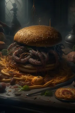 Bosch nightmares paint inf style Title: a hamburger sandwich , intricate insanely detailed octane render trending on artstation, 8k artistic photography, photorealistic concept art, soft natural volumetric cinematic perfect light, chiaroscuro, award-winning photograph, masterpiece, oil on canvas, Raphael, Caravaggio, Greg Rutkowski, people, beksinski, Giger