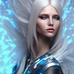 A beautiful portrait of a cute smiling cyberpunk woman, long blond platinum hair, high key lighting, volumetric light high details with blue and white stripes and feathers and white celtic paterns, beam starry background