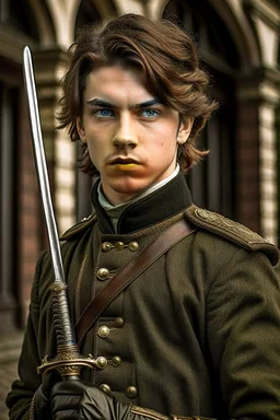 european brown hair young adult royal guard swordsman with rapier dieselpunk