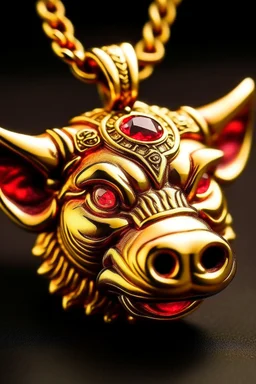 A pendant for a necklace, big Pumbaa from the lion king in gold with big tusks , eyes made of ruby