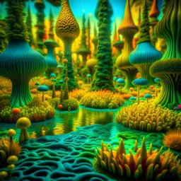 Odd swamp landscape with odd beings, surreal abstract Max Ernst style, Tim Burton, Harry Potter, 120mm photography, sharp focus, 8k, deep 3d field, very detailed, volumetric light, very colorful, ornate, F/2.8, insanely detailed and intricate, hypermaximalist