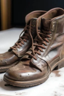 A pair of worn-out leather boots with holes in the soles that need to be repaired.