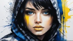 breathtaking portrait of gorgeous girl short black hair yellow and blue plaid hooded scarf dark silver and black textured satin fabrics jagged edges eye-catching details insanely intricate vibrant light and shadow beauty panel paintings textured tweed background captivating stencil art oil painting style contemporary ink watercolor brush strokes negative white space