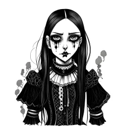 A black and white drawing, a goth