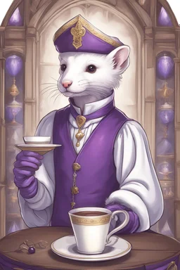 (anthropomorphic white ferret),dressed in cleric white and purple clothes with ornaments, realistic anatomy, fantasy tavern on background, mage and holy symbols around, serious face, hold cup of coffe, tired