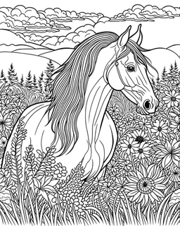 A horse with a flowing mane visiting a meadow. coloring page adult