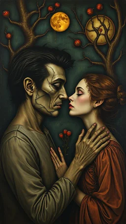 Bosch painting style, nightmare, a man and a woman are in love